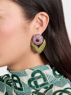 NWT Signed Lele Sadoughi Tulip Pave Earrings Green Lilac Gold Tone Pierced Post